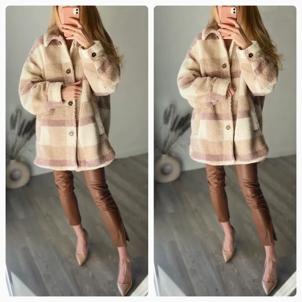 H&M Plaid Pastel Colors Faux Shearling Jacket Lined Warm - Picture 10 of 14